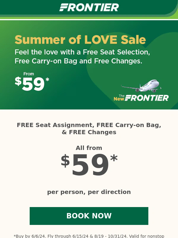 Frontier Airlines - Summer ? from $59 with FREE SEAT,FREE CARRY-ON AND FREE CHANGES!