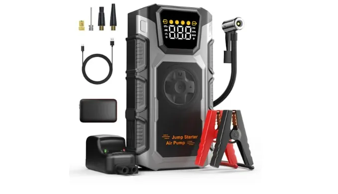Jump Starter with Air Compressor, 4000A Portable Car Battery Booster Jumper Pack, 12V Jumper Box Car Battery Jump Starter with 150PSI Tire Inflator Air Pump (8.0 Gas/7.5L Diesel)