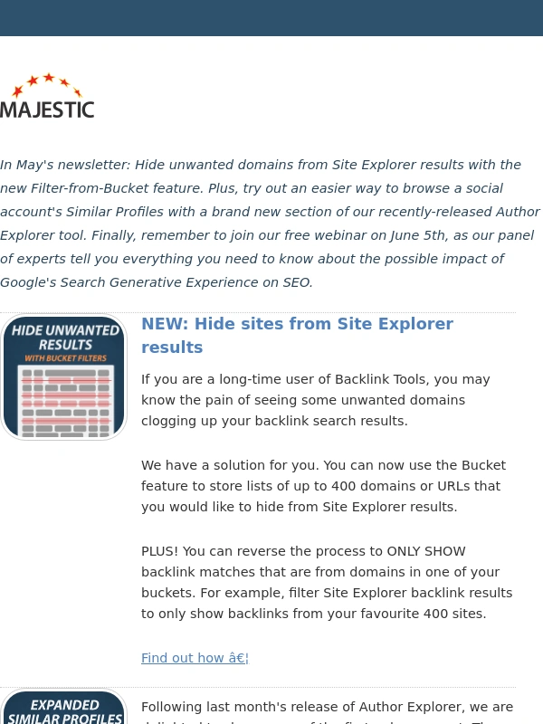 Majestic SEO - Hide domains from Site Explorer results. Your May newsletter from Majestic