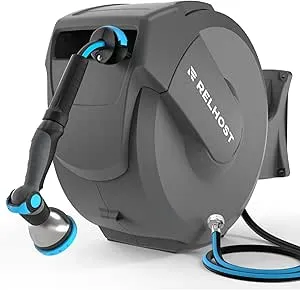 Relhost Retractable Garden Hose Reel 100 ft x 5/8 in, Heavy Duty Hose Reel Wall Mount with Any Length Lock, Auto Rewind System, 180° Swivel Bracket, 10-Pattern Garden Hose Nozzle, Dark Grey