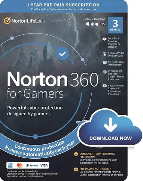 Norton 360 for Gamers (PC, Android, Mac, iOS) 3 Devices, 1 Year - NortonLifeLock Key - EUROPE
