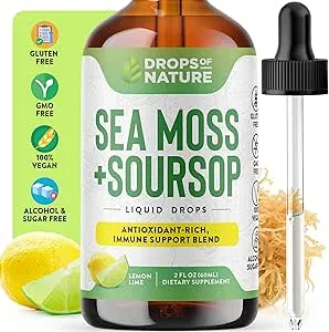 Soursop Liquid with Sea Moss Supplement – Vegan & More Concentrated Than Sea Moss Gel – Easily Mix with Drinks – Soursop Liquid Drops for Hydration & Immune Support (Lemon Lime, 60mL)
