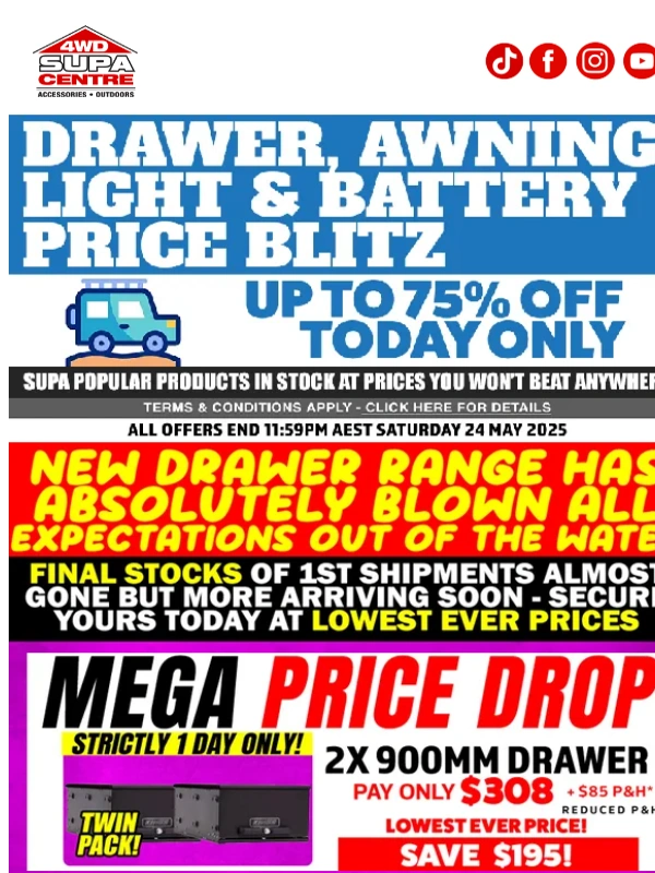 4WD Supacentre - NEWSFLASH ? Drawer,Awning,Light & Battery PRICE BLITZ Up To 75% Off ?️ TODAY ONLY