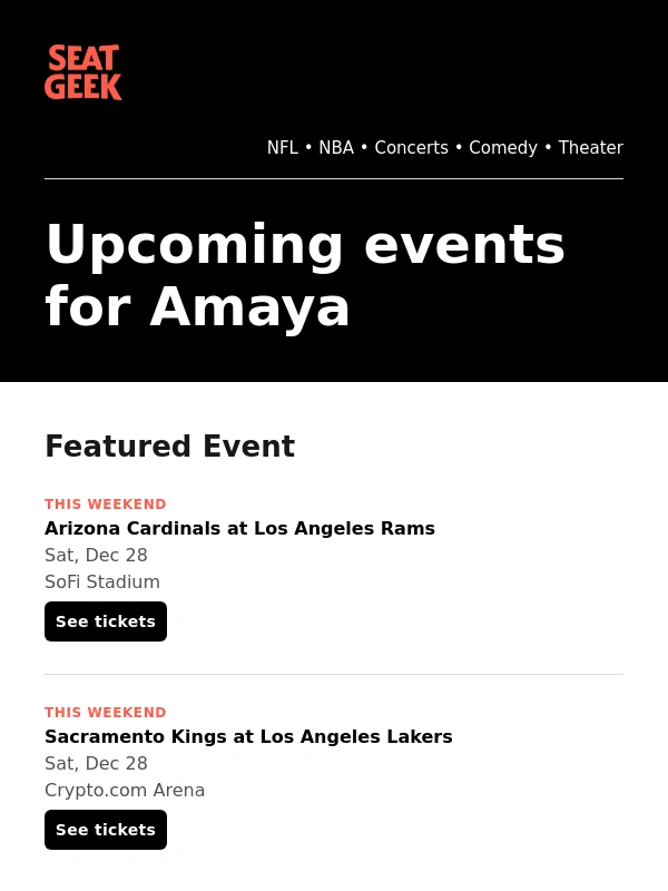 SeatGeek - Arizona Cardinals at Los Angeles Rams / Sacramento Kings at Los Angeles Lakers / Edmonton Oilers at Los Angeles Kings / more!