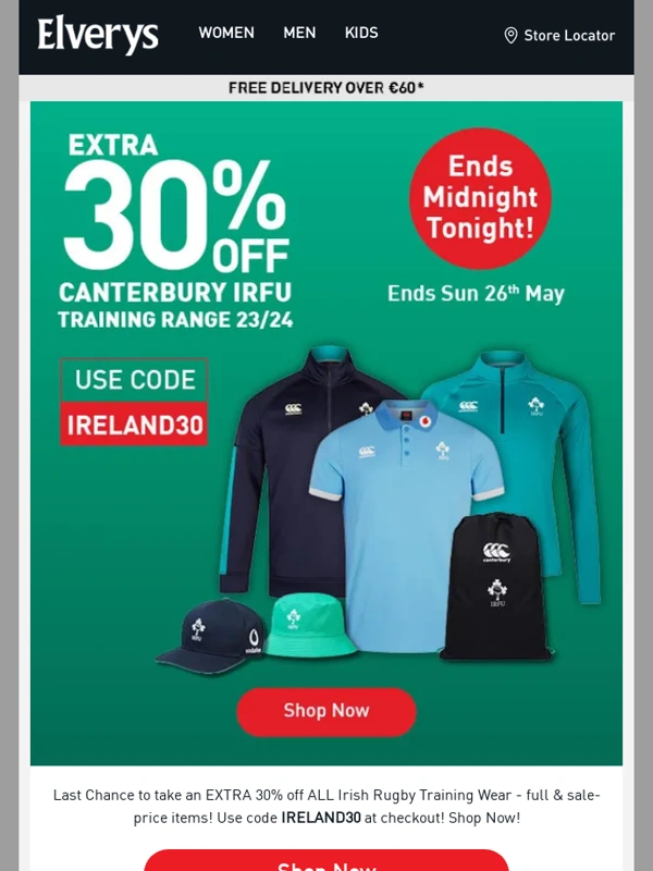 Elverys - Last Chance! Extra 30% off Irish Rugby Training! ⌛