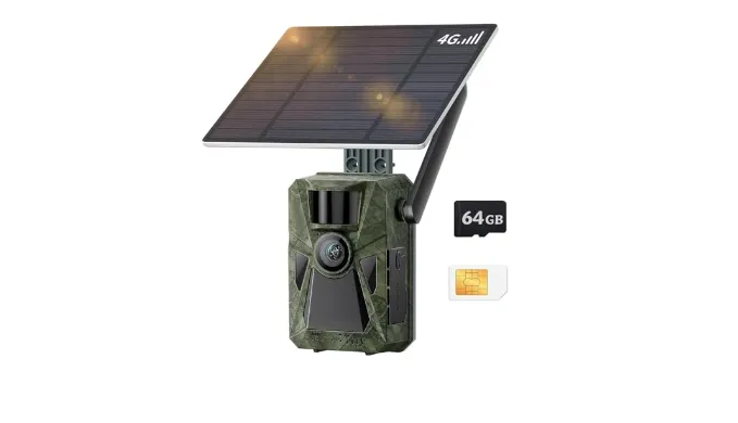 FKPCAM 4G Trail Camera Solar Trail Cam Built-in 7500mAh Rechargeable Battery – Game Camera IP67 Waterproof with No Glow Infrared LEDs – Hunting Cameras with Night Vision, 64GB Memory Card
