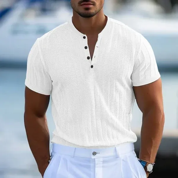 Men's Henley Shirt Short Sleeve Shirt Ribbed Knit tee Tee Top Short Sleeve Solid Color Daily Hawaiian Buttons Henley Outdoor Street Causal Summer Ligh
