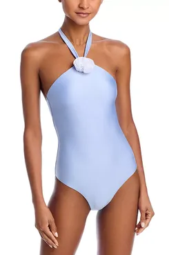 Aqua Rosette Halter Neck One Piece Swimsuit
