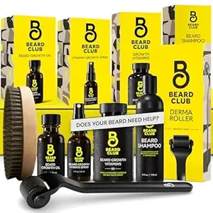 The Beard Club Advanced Beard Growth Kit - Derma Roller, Growth Oil, Vitamins and Vitamin Spray, Shampoo and Boar Bristle Brush - Gift Set - Cedar
