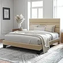 Allewie Size Platform Bed Frame with Fabric Upholstered Headboard and Wooden Slats Support