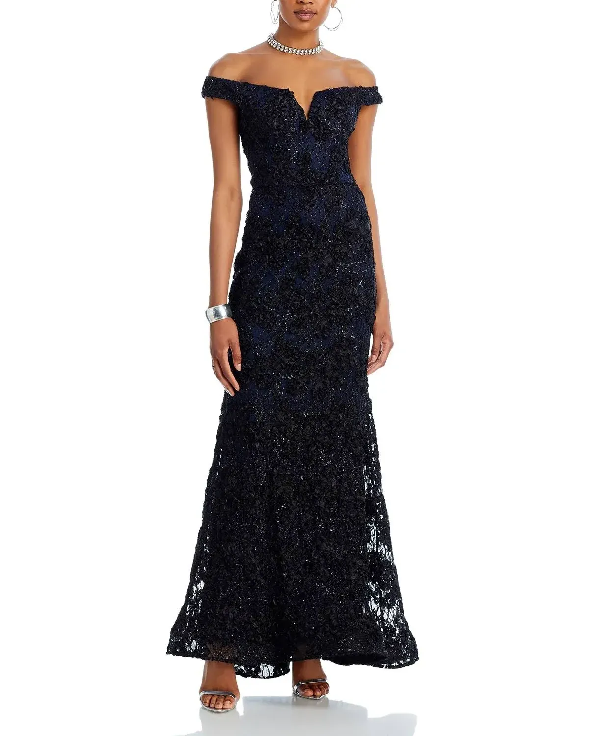 AQUAOff-the-Shoulder Embellished Lace Gown - Exclusive