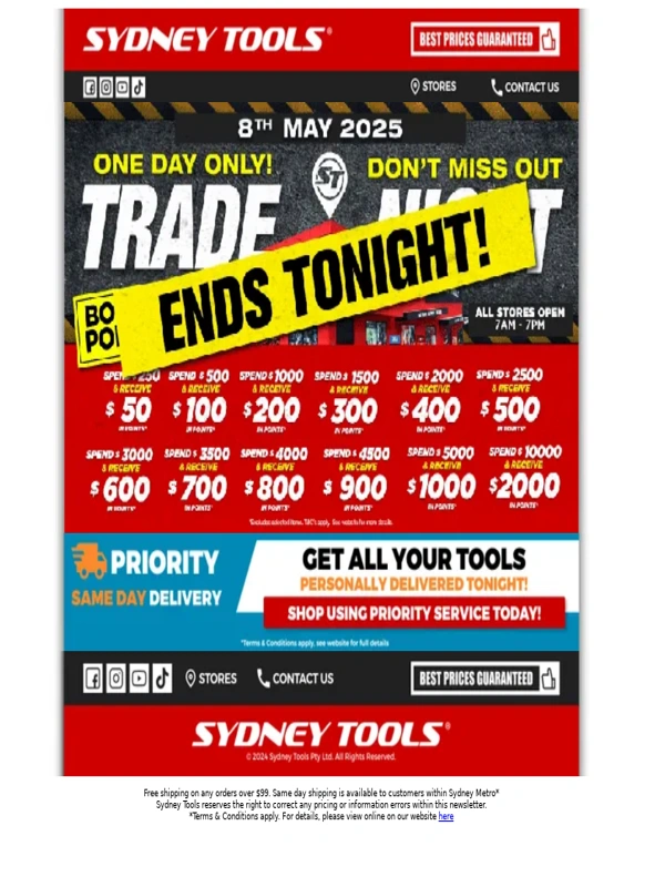 Sydney Tools - ENDS TONIGHT! STOREWIDE Trade Night! DON'T MISS OUT ⏰ Exclusive Storewide Deals! Score up to $2000 in bonus points!