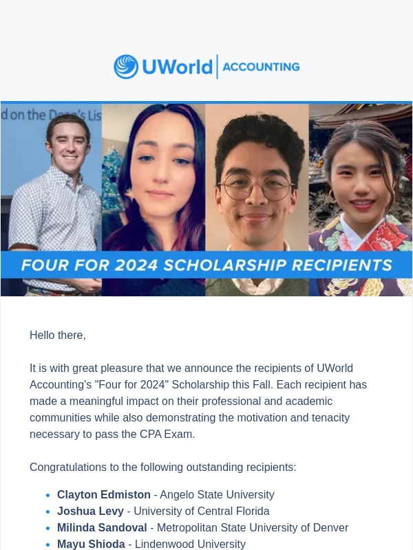 UWorld - Announcing our "Four for 2024" Scholarship Recipients!
