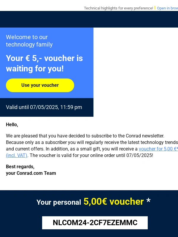 Conrad - 5 EUR Voucher for your Newsletter subscription!