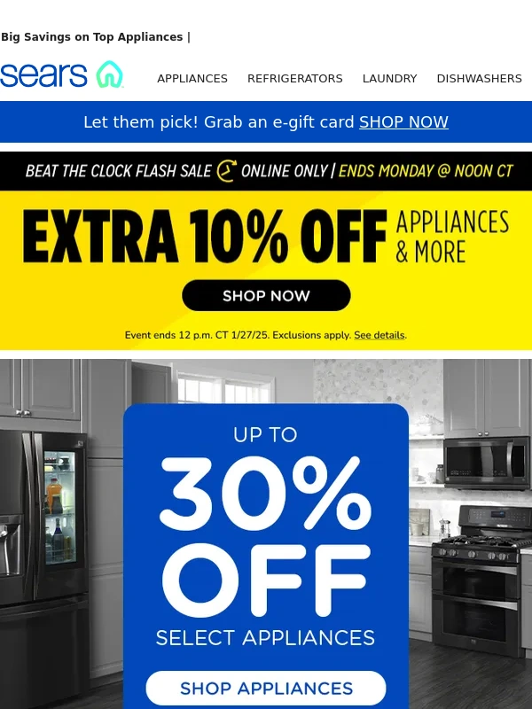 Sears - Beat the Clock Sale! Up to 30% off select Appliances + Extra 10% Savings