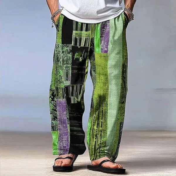Men's Color Block Patchwork Pants Trousers Mid Waist Drawstring Elastic Waist Hawaiian Casual Outdoor Party Evening Wear Holiday Straight Leg Trousers