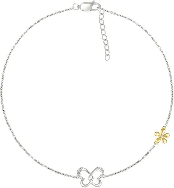 10K Yellow Gold Sterling Silver Butterfly Diamond Anklet