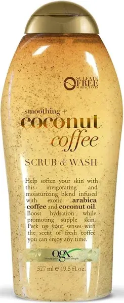 OGX Smoothing + Coconut Coffee Exfoliating Body Scrub with Arabica Coffee & Coconut Oil, Moisturizing Body Wash for Dry Skin, Paraben-Free with Sulfate-Free Surfactants, 19.5 Fl Oz