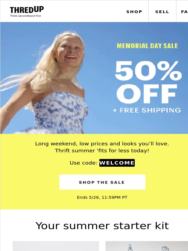 thredUP - Summer starts here ? 50% off + free shipping!