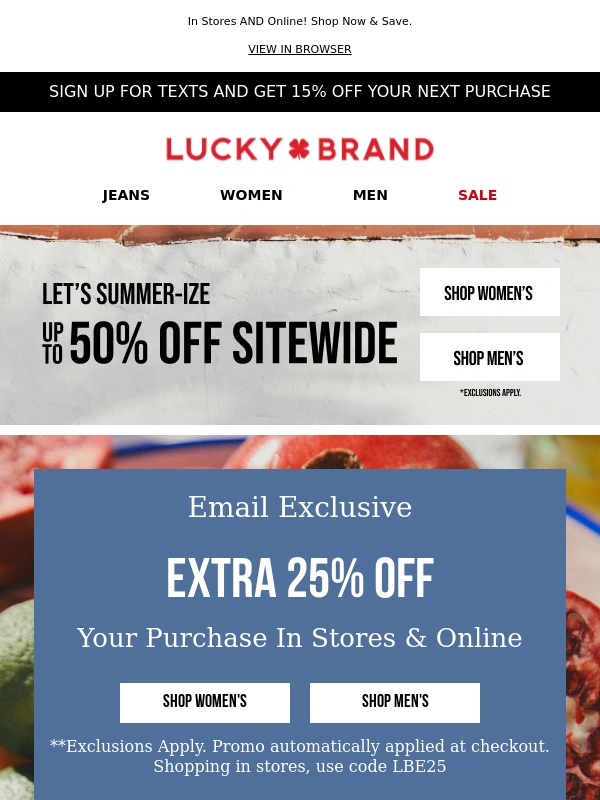 Lucky Brand - Up To 50% Off + EXTRA 25% OFF Your Order