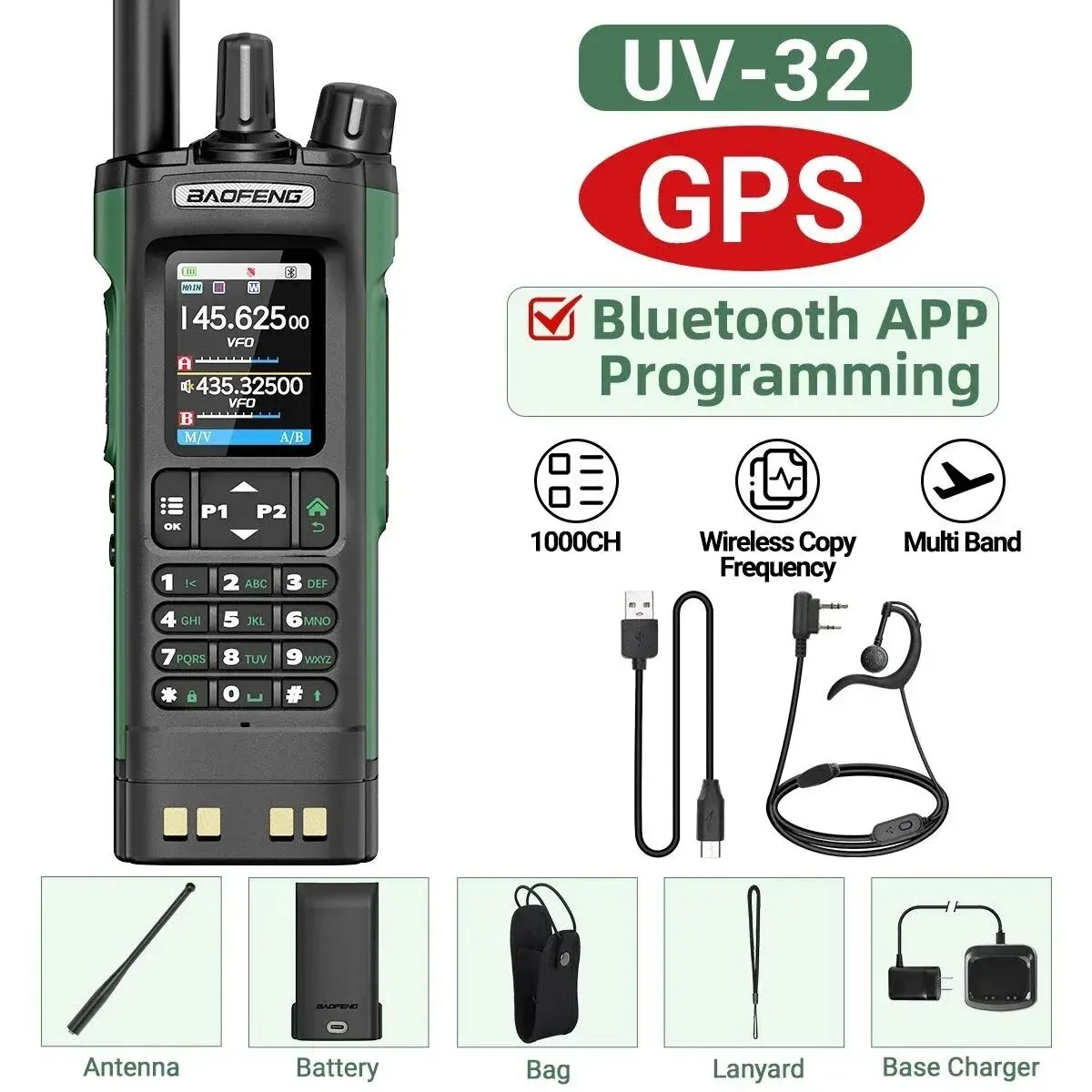 Baofeng BF-UV32 GPS Walkie Talkie 10W Long Range Multi Band Bluetooth App 1000 Channels USB-C EU Charge Portable 2-Way Radio - Black+Green