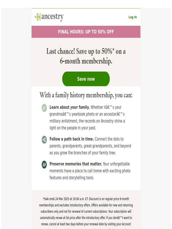 Ancestry - Just hours left! Save up to 50% now
