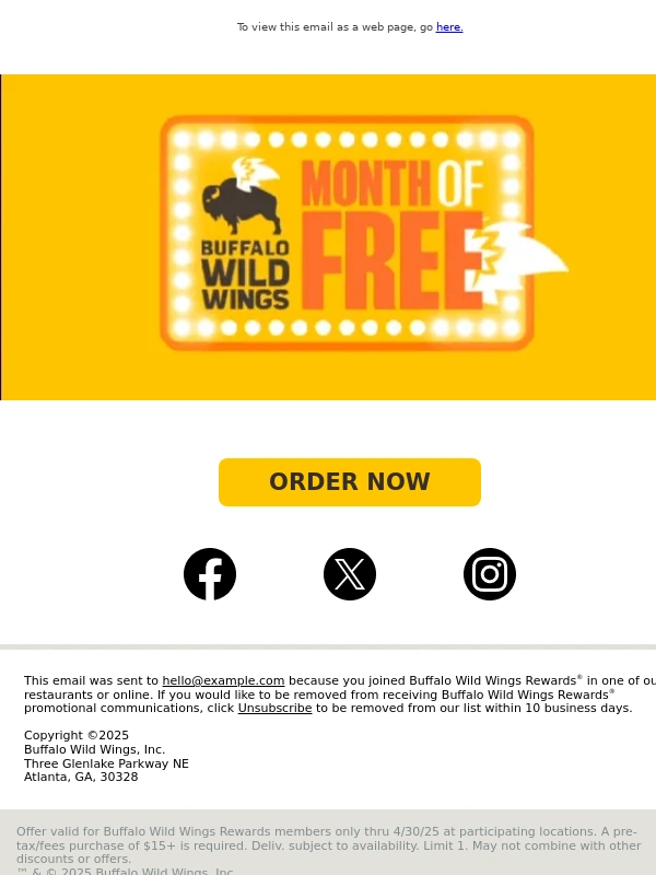 Buffalo Wild Wings - Get 6 free boneless on a $15+ order ?