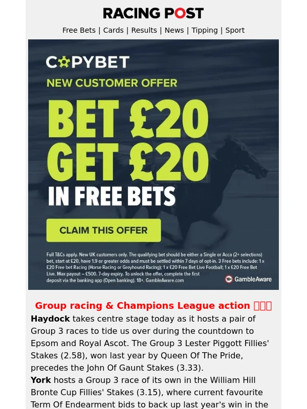 Racing Post - ? £20 in free bets for a huge Saturday of sport ?⚽