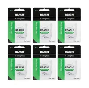 REACH Waxed Dental Floss, Mint, Plaque Remover for Teeth, Shred Resistant, Floss Slides Smoothly, Easy to Use, Waxed, Deep Cleaning Teeth, Oral Care, PFAS Free, for Adults & Kids, 6 Pack, 55 yd
