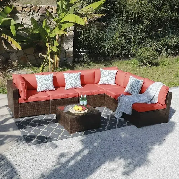 Algarin Wicker 6 Person Modular Patio Conversation Sets with Cushions Wade Logan Cushion Color/Frame