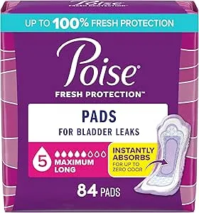 Poise Incontinence & Postpartum Pads for Bladder Leaks, 5 Drop Maximum Absorbency, Maximum Long, 84 Count, Packaging May Vary