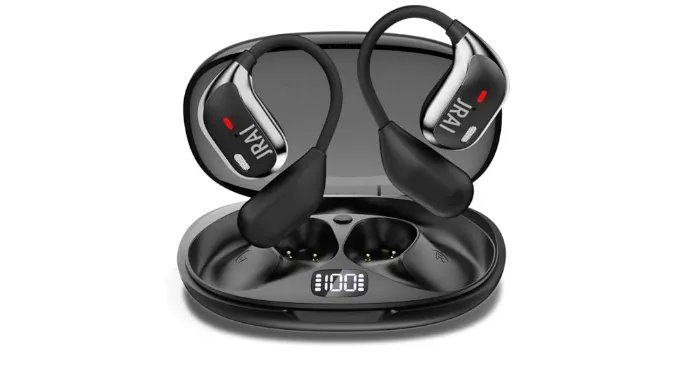 JrAiTeam Open Ear Earbuds Wireless Bluetooth 5.4, HDC Open Ear Headphones with MIC, Equipped with Digital Display, Large Battery Capacity, Ear Buds for Sports, Running, Cycling, Working (Black-01)
