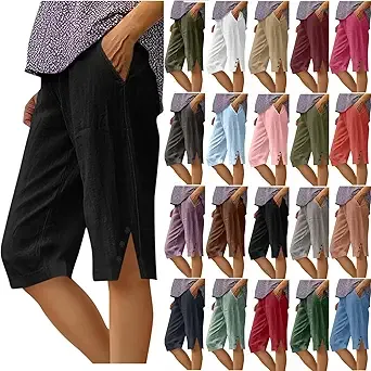 bmkBWO Bermuda Shorts for Women,Knee Length Linen Capri Pants High Waisted Comfy Casual Plus Size Capris 2025 B-black