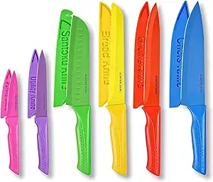 Colorful - 12-PC Kitchen Knife Set, 6 Sharp Knives with Built-in Sharpener, Multicolor