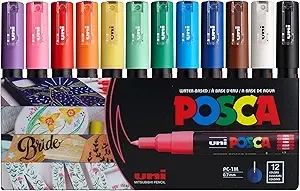12 Posca Paint Markers, 1M Markers with Extra Fine Tips, Posca Marker Set of Acrylic Paint Pens | for Art Supplies, Fabric Paint, Markers for Art