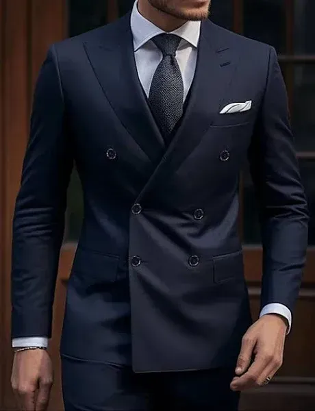 Men's Wedding Suits Dark Blue Daily Business Solid Colored Tailored Fit 2 Piece Double Breasted Six-buttons 2025 - AU $175.89