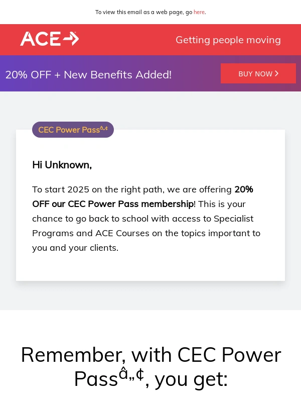 ACE Fitness - End the year with 20% OFF CEC Power Pass!