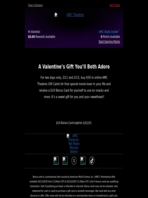 AMC Theatres - Two Days Only: Get a $10 Valentine’s Bonus