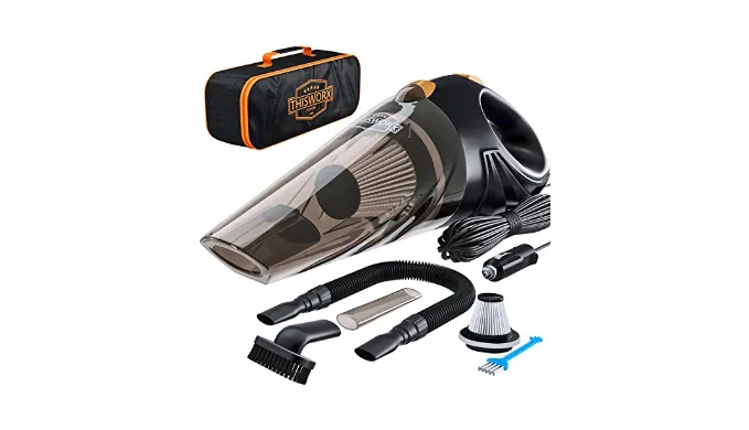 THISWORX Car Vacuum Cleaner – Portable, High Power, Handheld Vacuums w/ 3 Attachments, 16 Ft Cord & Bag – 12v, Auto Accessories Kit for Interior Detailing – Black