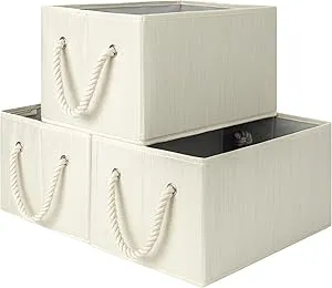 StorageWorks Large Storage Baskets for Organizing, Foldable Storage Baskets for Shelves, Fabric Storage Bins with Handles, Beige, White & Ivory, 3-Pack