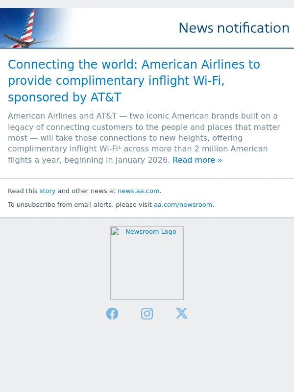 American Airlines - Connecting the world: American Airlines to provide complimentary inflight Wi-Fi,sponsored by AT&T