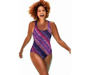 Plus Size Women's Chlorine Resistant Cross Back One Piece Swimsuit By Swimsuits For All In Pink Diagonal Stripe (Size 16)