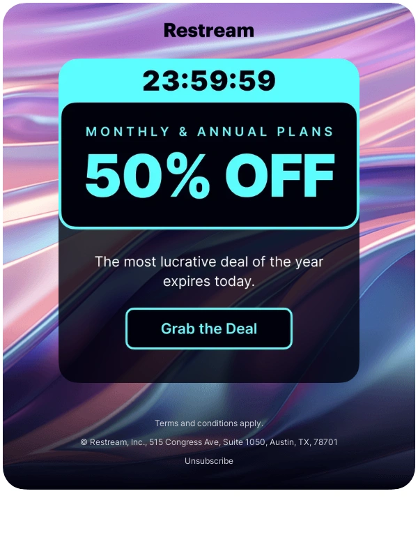 Restream - 24 hours left: 50% OFF ALL PLANS – monthly & annual