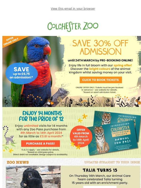 Colchester Zoo - SAVE up to £6.75 on E-tickets until 24th March 2024!