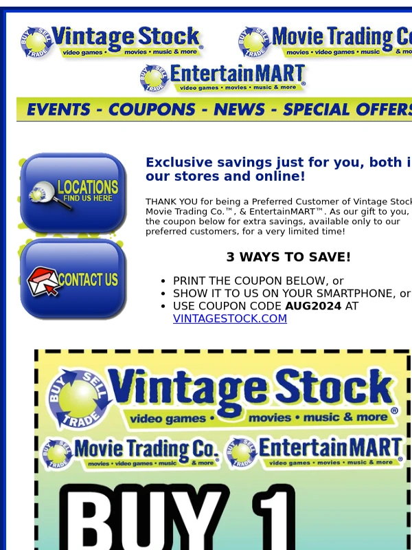 Vintage Stock - Buy 1,Get 1 Free under $20 coupon!