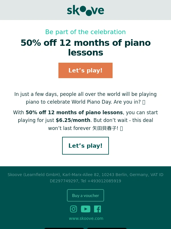 Skoove - World Piano Day is almost here! $6.25/month for piano lessons to celebrate ? ?