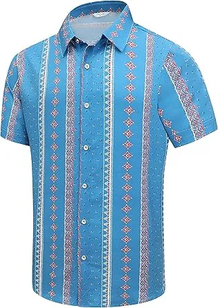 SheLucki Hawaiian Shirt for Men, Unisex Summer Beach Casual Short Sleeve Button Down Shirts, Printed Palmshadow Clothing