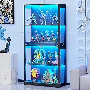 Display Cabinet with Glass Doors, 4-Tier Curio Cabinet with 3 Color Lights for Collectibles, Glass Display Case with Human Body Sensor, Storage Cabinet, Black
