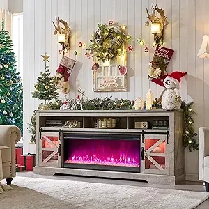 75" OKD Barn Door TV Stand w/ 42'' Electric Fireplace (Light Rustic Oak) $299.99 + Free Shipping