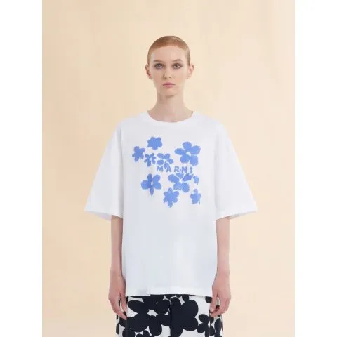 Marni White cotton T-shirt with Daisy Garden print